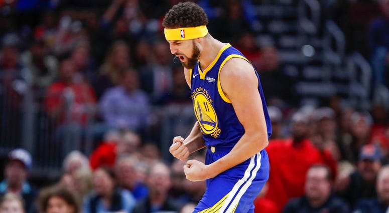 Golden State Warriors guard Klay Thompson celebrates after scoring a three pointer against the Chicago Bulls during the second half of an NBA basketball game, Monday, Oct. 29, 2018, in Chicago. (AP Photo/Kamil Krzaczynski) Golden State Warriors guard Klay Thompson celebrates after scoring a three pointer against the Chicago Bulls during the second half of an NBA basketball game, Monday, Oct. 29, 2018, in Chicago. (AP Photo/Kamil Krzaczynski)