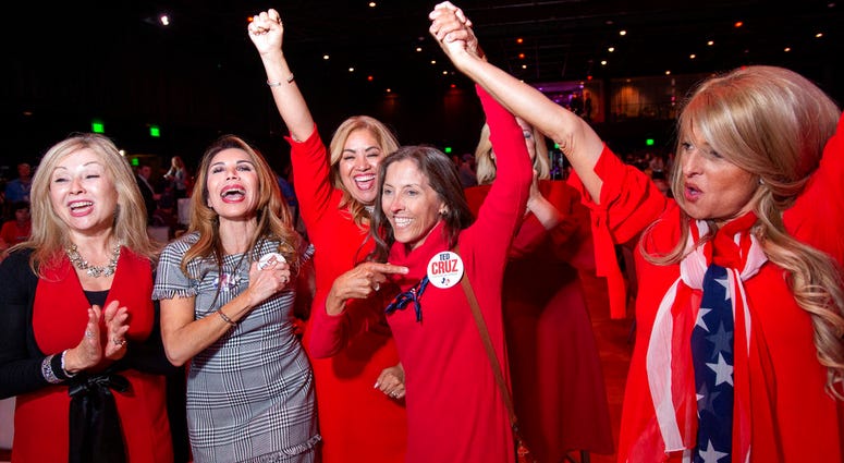 Members of the Trumpettes celebrate as incumbent U.S. Sen. Ted Cruz, R-Texas, is announced as the winner over Democratic challenger Rep. Beto O'Rourke in a tightly contested race at the Dallas County Republican Party election night watch party on Tuesday, Members of the Trumpettes celebrate as incumbent U.S. Sen. Ted Cruz, R-Texas, is announced as the winner over Democratic challenger Rep. Beto O'Rourke in a tightly contested race at the Dallas County Republican Party election night watch party on Tuesday,