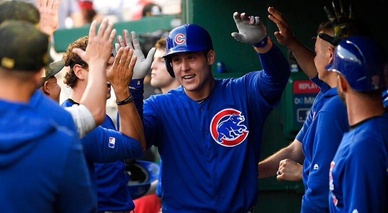Chicago Cubs' Anthony Rizzo celebrates his home run in the dugout during the third inning of a baseball game against the Washington Nationals, Sunday, May 19, 2019, in Washington. Chicago Cubs' Anthony Rizzo celebrates his home run in the dugout during the third inning of a baseball game against the Washington Nationals, Sunday, May 19, 2019, in Washington.