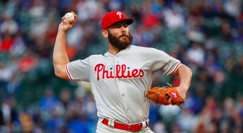 Philadelphia Phillies starting pitcher Jake Arrieta delivers against the Chicago Cubs during the first inning of a baseball game, Monday, May 20, 2019, in Chicago. Philadelphia Phillies starting pitcher Jake Arrieta delivers against the Chicago Cubs during the first inning of a baseball game, Monday, May 20, 2019, in Chicago.