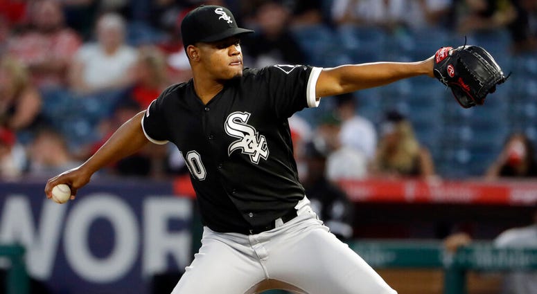 Chicago White Sox starting pitcher Reynaldo Lopez throws to a Los Angeles Angels batter during the second inning of a baseball game Thursday, Aug. 15, 2019, in Anaheim, Calif. Chicago White Sox starting pitcher Reynaldo Lopez throws to a Los Angeles Angels batter during the second inning of a baseball game Thursday, Aug. 15, 2019, in Anaheim, Calif.
