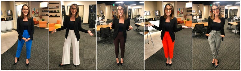 This combination of photos provided by Maggie Vespa shows Vespa, a weekend news anchor and TV reporter at NBC affiliate KGW-TV in Portland, Oregon, wearing a variety of high-waisted pants she wore for five separate news casts over the weekend. This combination of photos provided by Maggie Vespa shows Vespa, a weekend news anchor and TV reporter at NBC affiliate KGW-TV in Portland, Oregon, wearing a variety of high-waisted pants she wore for five separate news casts over the weekend.