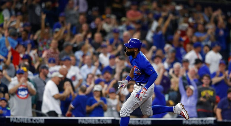Chicago Cubs' Jason Heyward reacts after hitting a home run during the eighth inning of the team's baseball game against the San Diego Padres on Tuesday, Sept. 10, 2019, in San Diego. Chicago Cubs' Jason Heyward reacts after hitting a home run during the eighth inning of the team's baseball game against the San Diego Padres on Tuesday, Sept. 10, 2019, in San Diego.