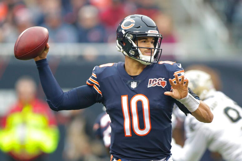 Chicago Bears quarterback Mitchell Trubisky (10) throws during the first half of an NFL football game against the New Orleans Saints in Chicago, Sunday, Oct. 20, 2019. Chicago Bears quarterback Mitchell Trubisky (10) throws during the first half of an NFL football game against the New Orleans Saints in Chicago, Sunday, Oct. 20, 2019.