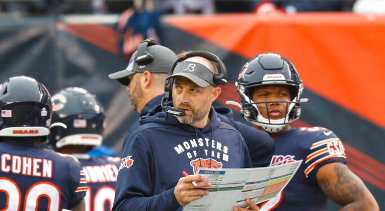 Chicago Bears head coach Matt Nagy paces the sideline during the first half of an NFL football game against the New Orleans Saints in Chicago, Sunday, Oct. 20, 2019. Chicago Bears head coach Matt Nagy paces the sideline during the first half of an NFL football game against the New Orleans Saints in Chicago, Sunday, Oct. 20, 2019.