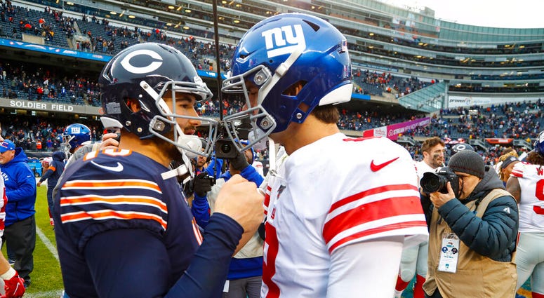 Chicago Bears quarterback Mitchell Trubisky (10) greets New York Giants quarterback Daniel Jones (8) following an NFL football game in Chicago, Sunday, Nov. 24, 2019. The Bears defeated the Giants 19-14. Chicago Bears quarterback Mitchell Trubisky (10) greets New York Giants quarterback Daniel Jones (8) following an NFL football game in Chicago, Sunday, Nov. 24, 2019. The Bears defeated the Giants 19-14.