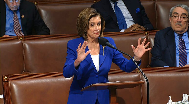 In this image from video, House Speaker Nancy Pelosi of Calif., speaks on the floor of the House of Representatives at the U.S. Capitol in Washington, Friday, March 27, 2020. In this image from video, House Speaker Nancy Pelosi of Calif., speaks on the floor of the House of Representatives at the U.S. Capitol in Washington, Friday, March 27, 2020.