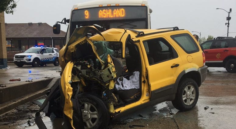A vehicle was badly damaged in a crash with a CTA bus in Back of the Yards. A vehicle was badly damaged in a crash with a CTA bus in Back of the Yards.