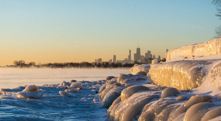 Chicago’s lakefront is frozen over Friday morning as temperatures drop below zero, Friday, Jan. 25, 2019, in Chicago.