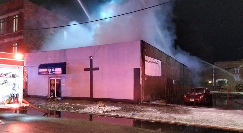 Crews work to extinguish a fire at Cedar Grove Missionary Baptist Church in Englewood on Nov. 14, 2019. Crews work to extinguish a fire at Cedar Grove Missionary Baptist Church in Englewood on Nov. 14, 2019.