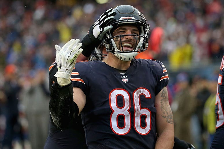 Zach Miller #86 of the Chicago Bears celebrates a touchdown during the third quarter against the Washington Redskins at Soldier Field on December 13, 2015 in Chicago, Illinois. Zach Miller #86 of the Chicago Bears celebrates a touchdown during the third quarter against the Washington Redskins at Soldier Field on December 13, 2015 in Chicago, Illinois.