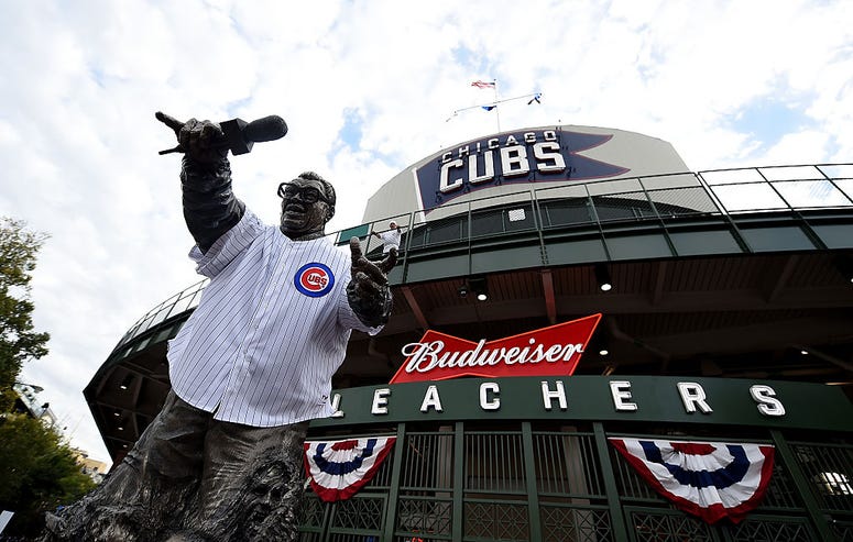 CHICAGO, ILLINOIS - OCTOBER 07: A statue of Harry Caray stands in front of Wrigley Field before the game between the Chicago Cubs and the San Francisco Giants on October 7, 2016 in Chicago, Illinois. CHICAGO, ILLINOIS - OCTOBER 07: A statue of Harry Caray stands in front of Wrigley Field before the game between the Chicago Cubs and the San Francisco Giants on October 7, 2016 in Chicago, Illinois.