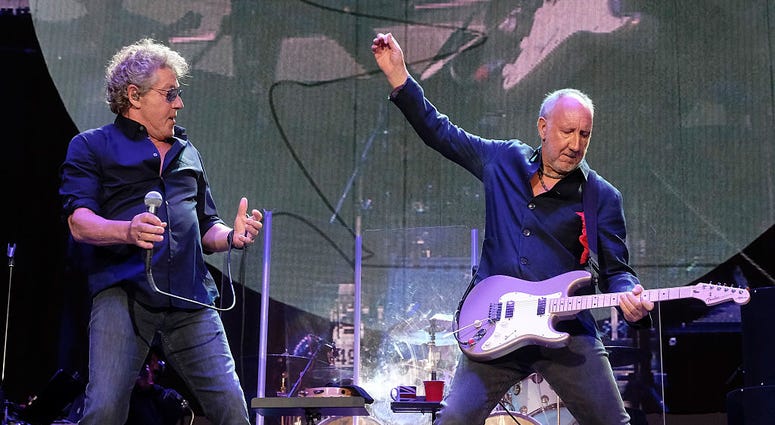 Musicians Roger Daltrey (L) and Pete Townshend of The Who perform during Desert Trip at the Empire Polo Field on October 16, 2016 in Indio, California.
