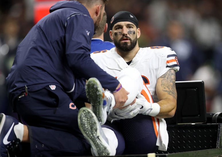 Zach Miller #86 of the Chicago Bears is carted off the field after sustaining an injury during the third quarter against the New Orleans Saints at the Mercedes-Benz Superdome on October 29, 2017 in New Orleans, Louisiana. Zach Miller #86 of the Chicago Bears is carted off the field after sustaining an injury during the third quarter against the New Orleans Saints at the Mercedes-Benz Superdome on October 29, 2017 in New Orleans, Louisiana.