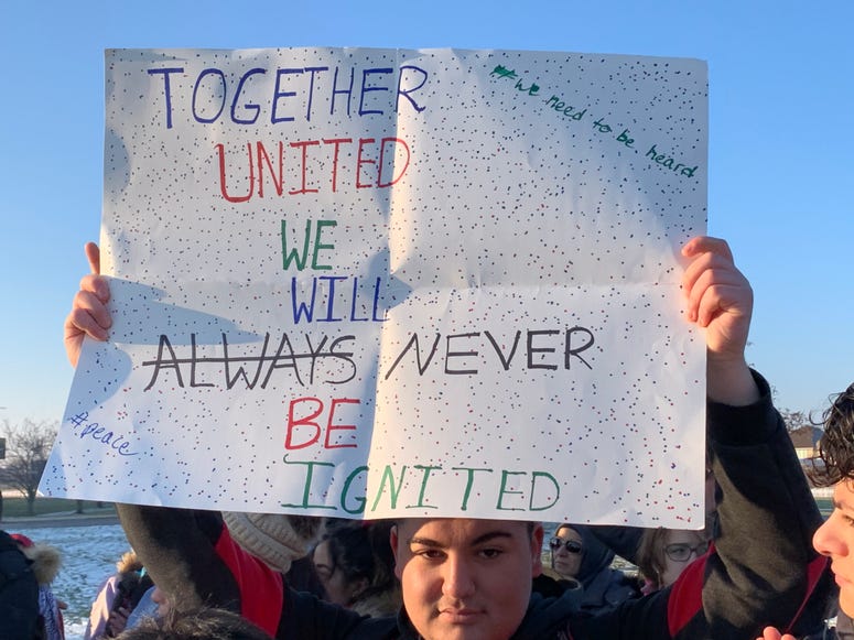 Dozens of mostly Muslim students protested outside a southwest suburban high school Friday morning following a fight earlier this week over an anti-Muslim incident. Dozens of mostly Muslim students protested outside a southwest suburban high school Friday morning following a fight earlier this week over an anti-Muslim incident.