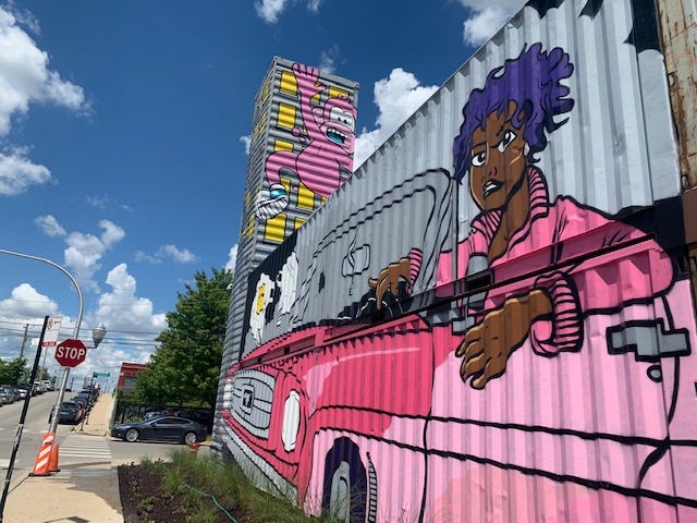 Chicago artist and muralist Mosher spent nine days a top a boom lift creating a giant, colorful mural that welcomes patrons to Recess, Fulton Market's largest outdoor patio. Chicago artist and muralist Mosher spent nine days a top a boom lift creating a giant, colorful mural that welcomes patrons to Recess, Fulton Market's largest outdoor patio.