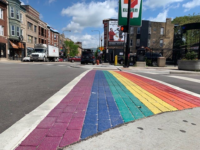 The city of Chicago dedicated 14 rainbow and colored crosswalks in the Boystown neighborhood on Thursday. The city of Chicago dedicated 14 rainbow and colored crosswalks in the Boystown neighborhood on Thursday.