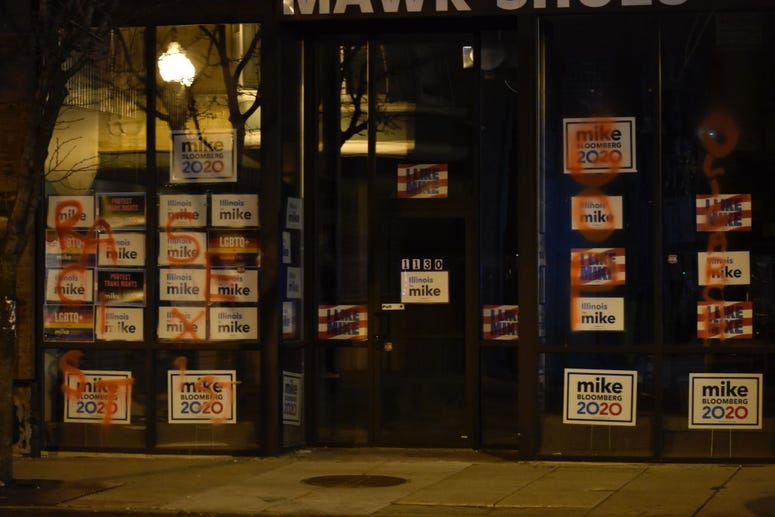 Chicago police are investigating after the words “racist,” “sexist,” “GOP” and “oligarch” were spray-painted on the front of Mike Bloomberg’s presidential campaign office, 1130 W. Bryn Mawr Ave., on Feb. 24, 2020. Chicago police are investigating after the words “racist,” “sexist,” “GOP” and “oligarch” were spray-painted on the front of Mike Bloomberg’s presidential campaign office, 1130 W. Bryn Mawr Ave., on Feb. 24, 2020.