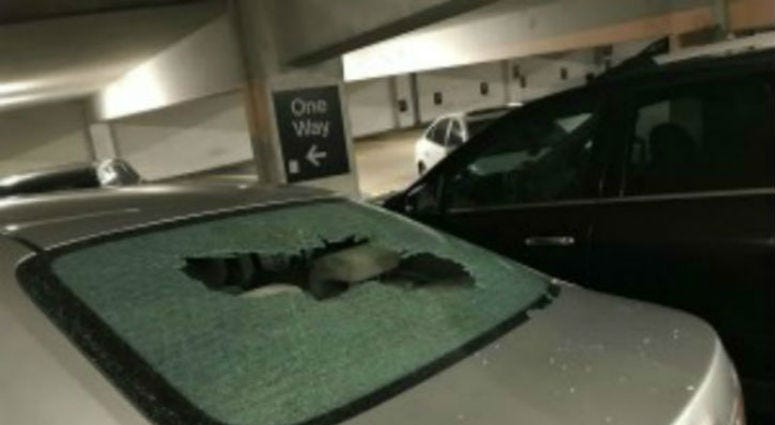 A vehicle with a broken rear windshield at a garage in the first block of East Adams Street, where 17 vehicles were damaged, Aug. 14, 2019. A vehicle with a broken rear windshield at a garage in the first block of East Adams Street, where 17 vehicles were damaged, Aug. 14, 2019.