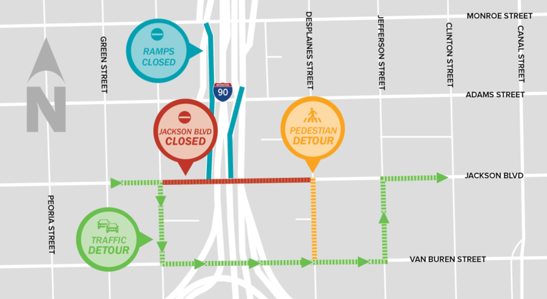 A map of detours during the replacement of the Jackson Boulevard Bridge. A map of detours during the replacement of the Jackson Boulevard Bridge.