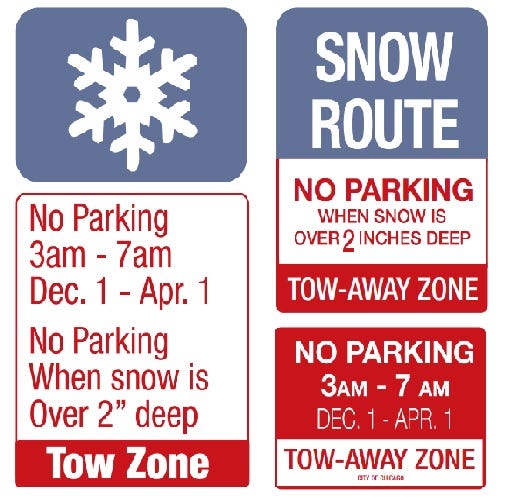 Examples of the City of Chicago overnight parking ban signs.