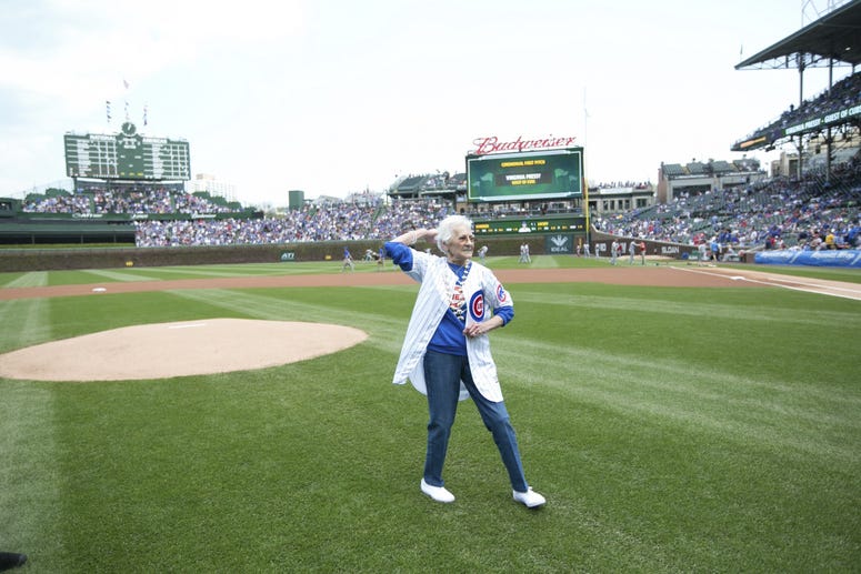 Cubs organist, Gary Pressy's mother Virginia throws out first pitch Cubs organist, Gary Pressy's mother Virginia throws out first pitch