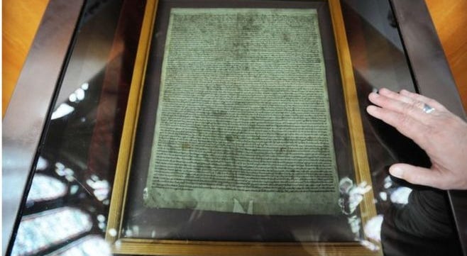 Magna Carta displayed in Salisbury Cathedral.