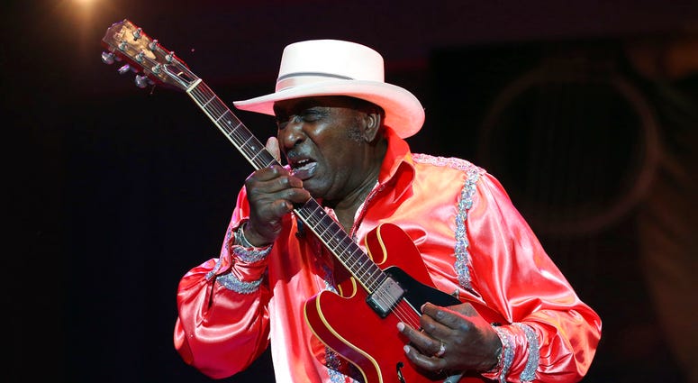 In this Sunday, June 9, 2013 photo, Eddy "The Chief" Clearwater performs with the Chicago Blues Old School, New Millennium, during the Chicago Blues Festival at the Petrillo Music Shell, in Grant Park, in downtown Chicago. In this Sunday, June 9, 2013 photo, Eddy "The Chief" Clearwater performs with the Chicago Blues Old School, New Millennium, during the Chicago Blues Festival at the Petrillo Music Shell, in Grant Park, in downtown Chicago.