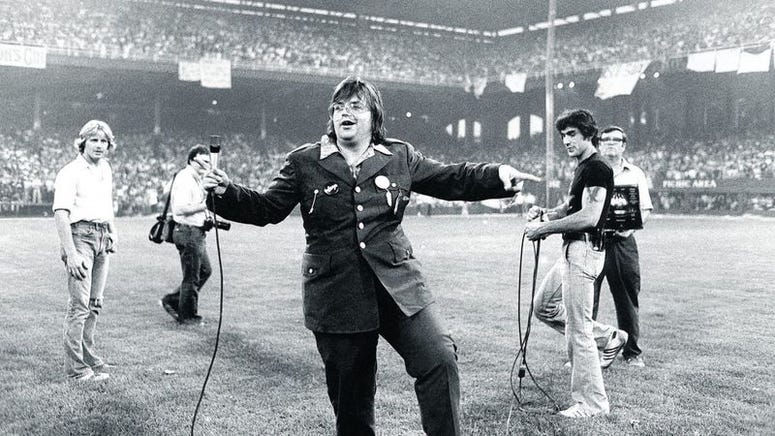 WLUP disc jockey Steve Dahl at Comiskey Park during the 1979 Disco Demolition event, which got out of hand and resulted in the Sox forfeiting a game. WLUP disc jockey Steve Dahl at Comiskey Park during the 1979 Disco Demolition event, which got out of hand and resulted in the Sox forfeiting a game.