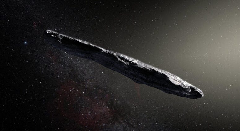 Artist's concept of interstellar object1I/2017 U1 ('Oumuamua) as it passed through the solar system after its discovery in October 2017 Artist's concept of interstellar object1I/2017 U1 ('Oumuamua) as it passed through the solar system after its discovery in October 2017