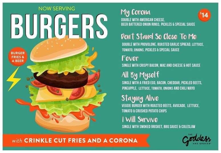 The Goddess and Grocer 'Survival' Burger Deal Menu The Goddess and Grocer 'Survival' Burger Deal Menu