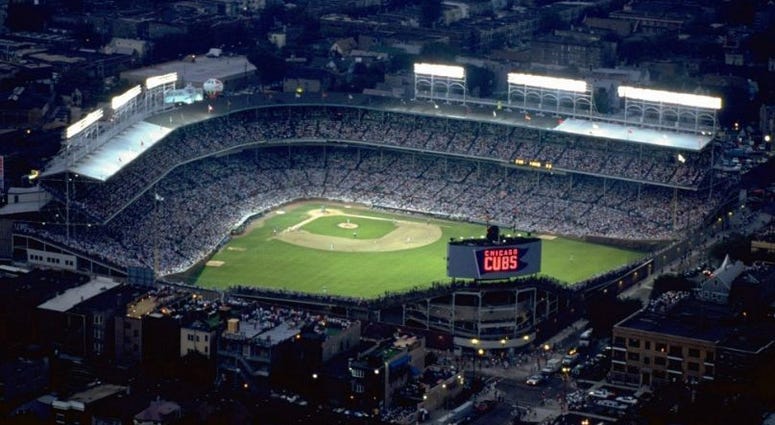 Helicopter view of the first night game in Wrigley Field between the Philadelphia Phillies and the Chicago Cubs on August 8, 1988 in Chicago, Illinois.