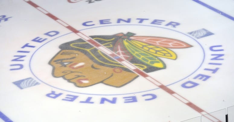 A general view of the Chicago Blackhawks logo on the ice