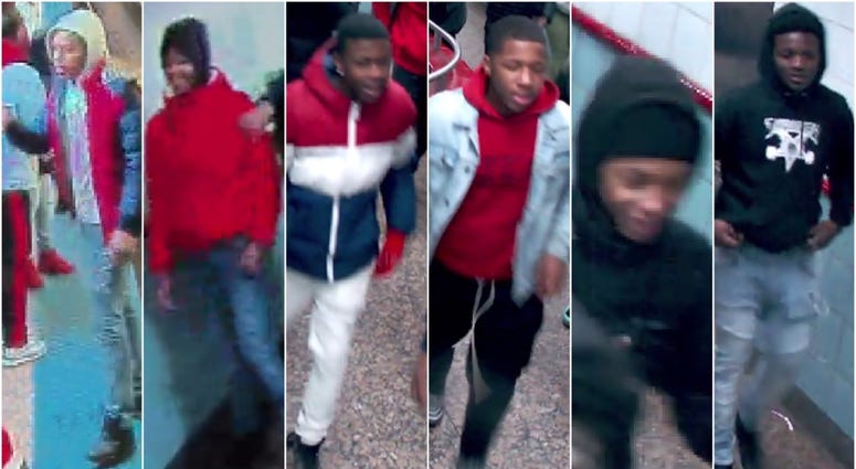 Police released surveillance photos of a group of suspects who attacked three people at a Near North Side Red Line stop on Saturday.