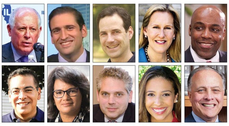 Top, from left: Democrats Pat Quinn, Renato Mariotti, Scott Drury, Nancy Rotering, Kwame Raoul. Bottom from left: Democrats Jesse Ruiz, Sharon Fairley, Aaron Goldstein, and Republicans Erika Harold and Gary Grasso