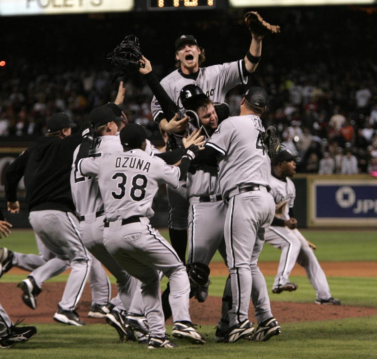 The Chicago White Sox celebrate winning the 2005 World Series championship, defeating the Houston Astros, 1-0, in Game 4 at Minute Maid Park in Houston, Texas, Wednesday, October 26, 2005.