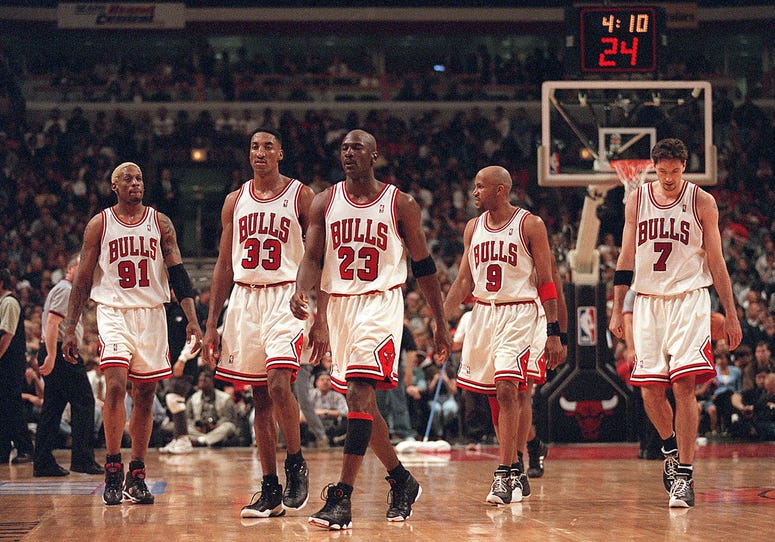 From left, Dennis Rodman, Scottie Pippen, Michael Jordan, Ron Harper and Toni Kukoc were big parts of Bulls teams that won three straight NBA titles from 1996 to 1998