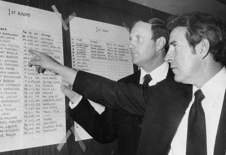 Chicago Bears general manager Jim Finks, right, and head coach Jack Pardee review the first-round draft picks at the La Salle Hotel headquarters on Jan. 28, 1975. Finks and Pardee are pointing at their No. 1 draft choice in 1975, Walter Payton.