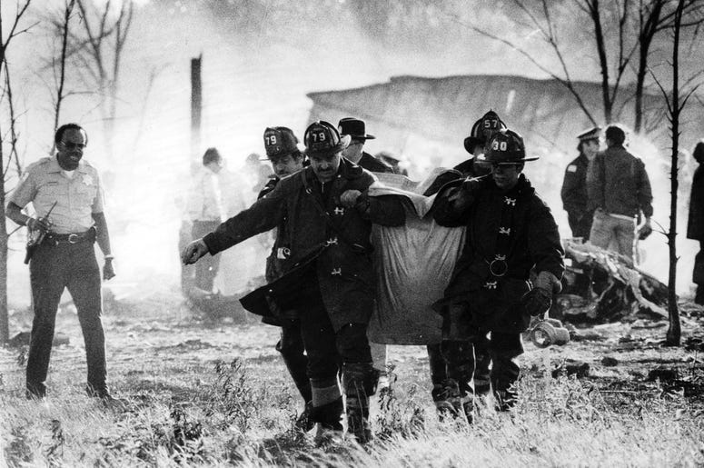 After the flames were doused, firefighters and rescue teams set out to find the remains of victims amid the smoldering debris from the American Airlines Flight 191 accident at O'Hare in May 1979. After the flames were doused, firefighters and rescue teams set out to find the remains of victims amid the smoldering debris from the American Airlines Flight 191 accident at O'Hare in May 1979.
