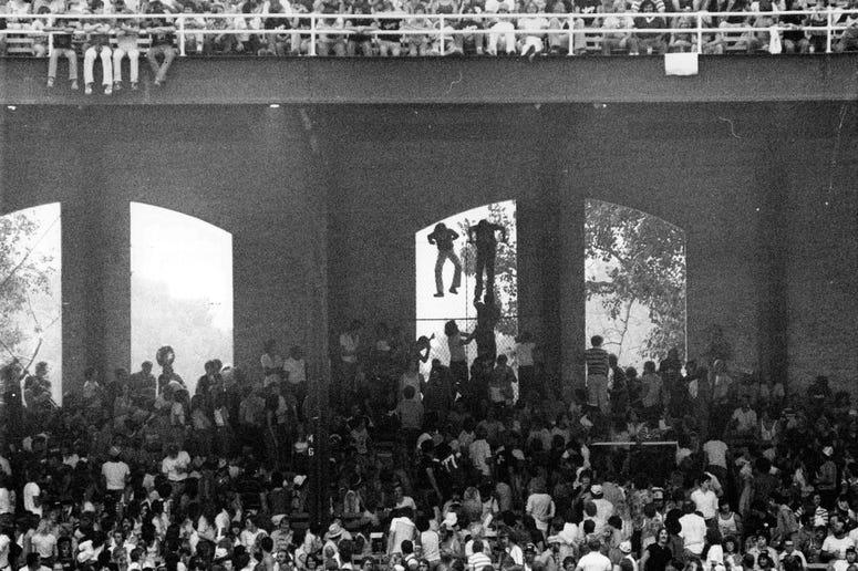 Even before the trouble between games occurred on Disco Demolition Night, Comiskey Park was having a tough time accommodating the overflow crowd on July 12, 1979. Even before the trouble between games occurred on Disco Demolition Night, Comiskey Park was having a tough time accommodating the overflow crowd on July 12, 1979.
