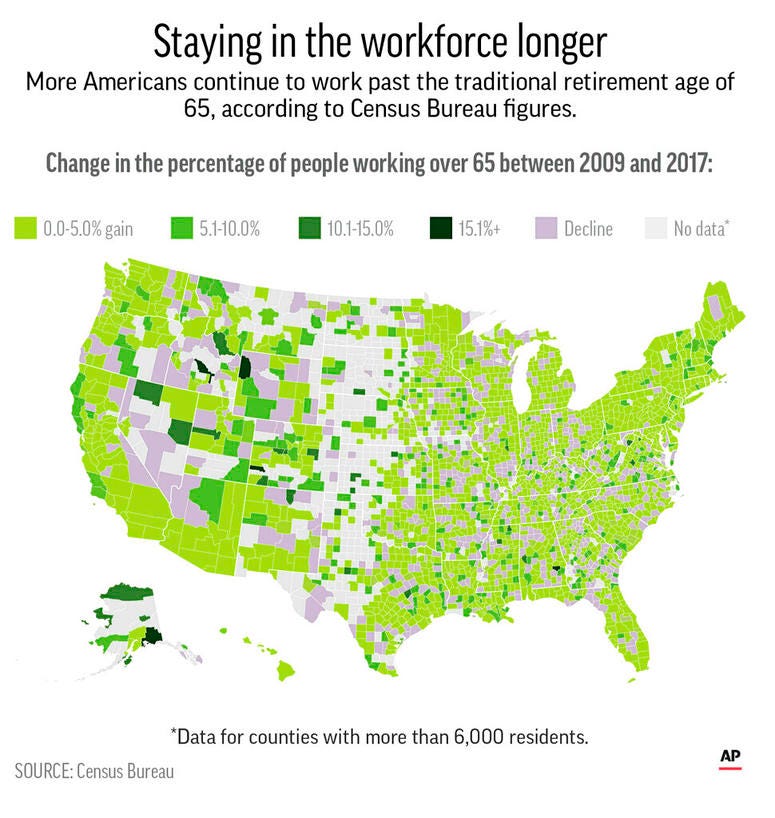 County-level data of the percentage change in workers age 65 and older in the workforce between 2009 and 2017; County-level data of the percentage change in workers age 65 and older in the workforce between 2009 and 2017;