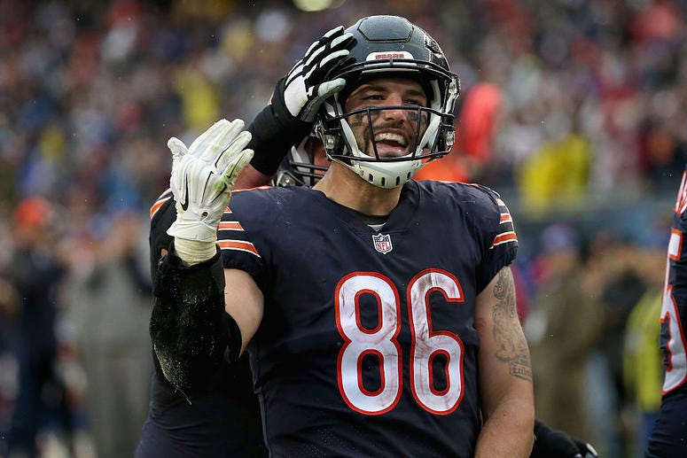 Zach Miller #86 of the Chicago Bears celebrates a touchdown during the third quarter against the Washington Redskins at Soldier Field on December 13, 2015 in Chicago, Illinois. Zach Miller #86 of the Chicago Bears celebrates a touchdown during the third quarter against the Washington Redskins at Soldier Field on December 13, 2015 in Chicago, Illinois.