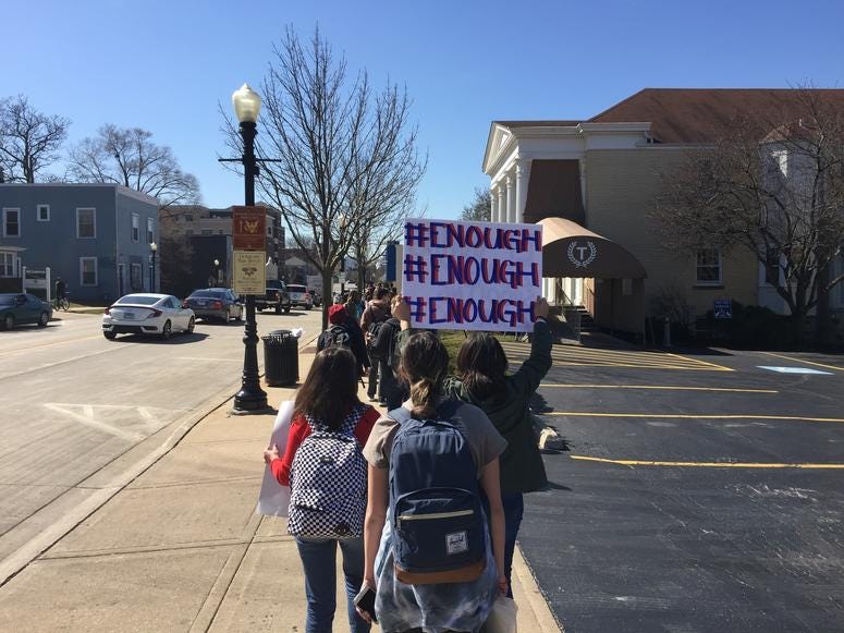 In the western suburbs, about 75 students left classes at Downers Grove North High School for a mile-long march and anti-gun violence rally in a local park.