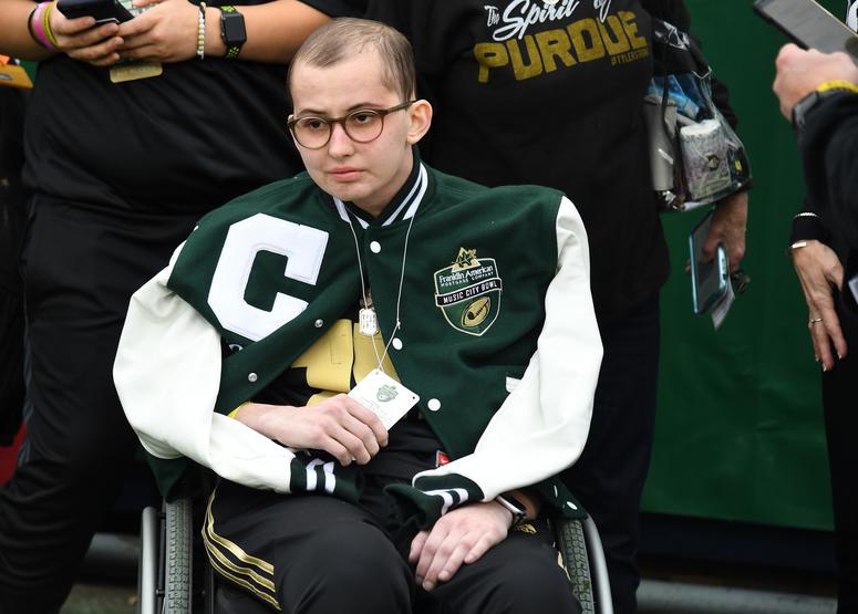 Purdue Boilermakers superfan and honorary bowl captain Tyler Trent before the game between the Purdue Boilermakers and Auburn Tigers in the 2018 Music City Bowl at Nissan Stadium.