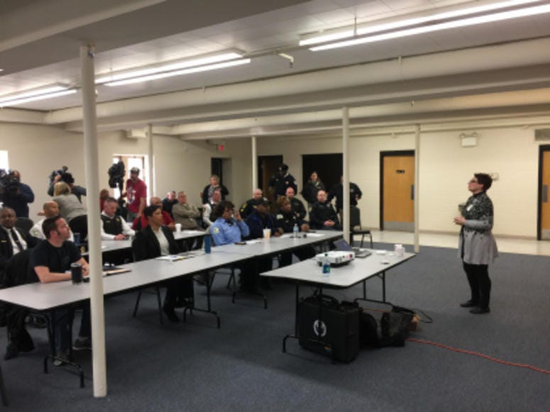 Nurse educator Sue Siorek of Loyola University Medical Center trains 22 suburban police officers on symptoms of an opioid overdose and how to administer Narcan