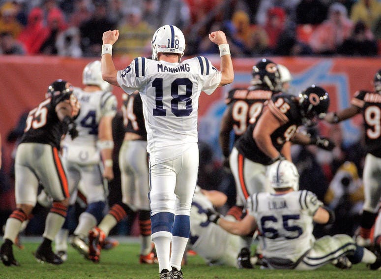 The Indianapolis Colts quarterback Peyton Manning (18) celebrates a play during a 29-17 victory over the Chicago Bears in Super Bowl XLI in Miami, Florida, on Sunday, February 4, 2007.