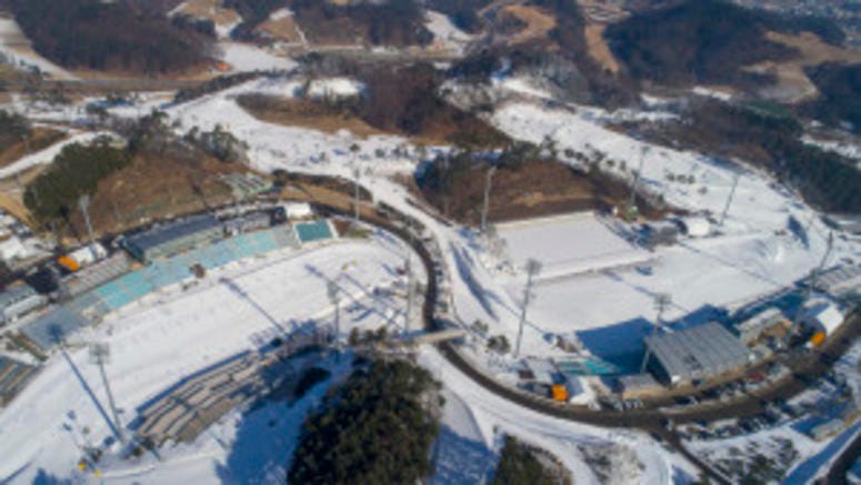 PYEONGCHANG, Jan. 17, 2018 (Xinhua) — Photo taken on Jan. 14, 2018 shows an aerial view of Alpensia Biathlon Centre (R) and Alpensia Cross-Country Skiing Centre of Pyeongchang Mountain Cluster for Pyeongchang 2018 Winter Olympic Games in Pyeongchang, Sout
