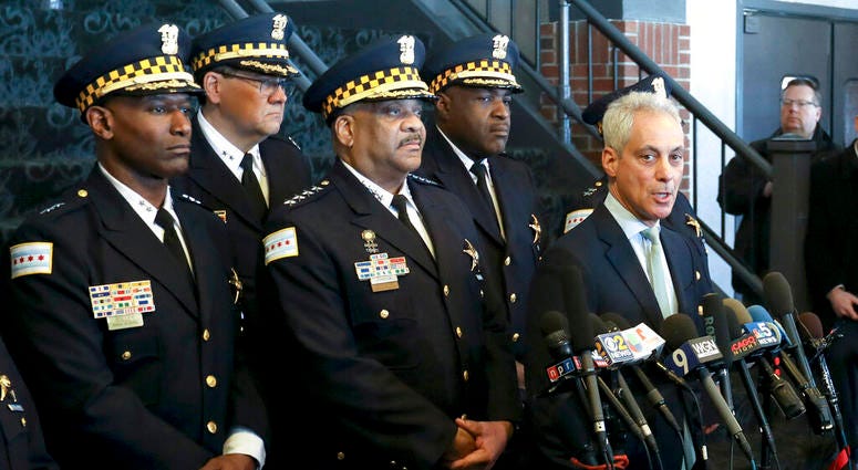 Chicago Mayor Rahm Emanuel, right, and Chicago Police Superintendent Eddie Johnson, center, appear at a news conference Tuesday, March 26, 2019, after prosecutors abruptly dropped all charges against "Empire" actor Jussie Smollett Chicago Mayor Rahm Emanuel, right, and Chicago Police Superintendent Eddie Johnson, center, appear at a news conference Tuesday, March 26, 2019, after prosecutors abruptly dropped all charges against "Empire" actor Jussie Smollett