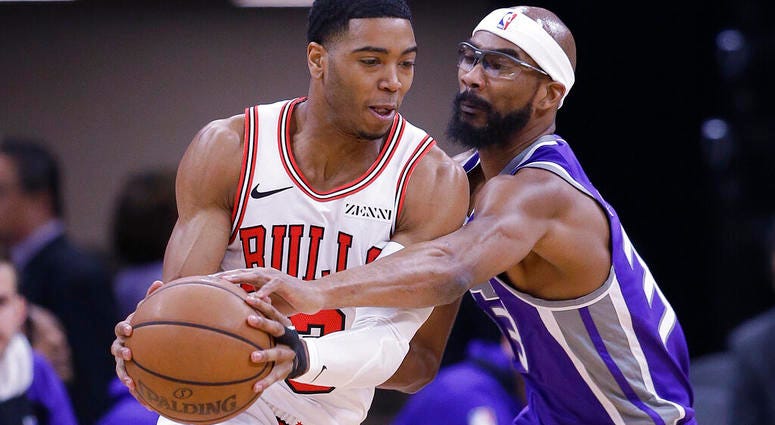 Sacramento Kings guard Corey Brewer, right, tries to steal the ball from Chicago Bulls guard Shaquille Harrison during the first half of an NBA basketball game Sunday, March 17, 2019, in Sacramento, Calif. Sacramento Kings guard Corey Brewer, right, tries to steal the ball from Chicago Bulls guard Shaquille Harrison during the first half of an NBA basketball game Sunday, March 17, 2019, in Sacramento, Calif.