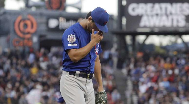 Chicago Cubs pitcher Yu Darvish reacts as he walks toward the dugout after the end of the fourth inning of a baseball game against the San Francisco Giants in San Francisco, Tuesday, July 23, 2019. Chicago Cubs pitcher Yu Darvish reacts as he walks toward the dugout after the end of the fourth inning of a baseball game against the San Francisco Giants in San Francisco, Tuesday, July 23, 2019.